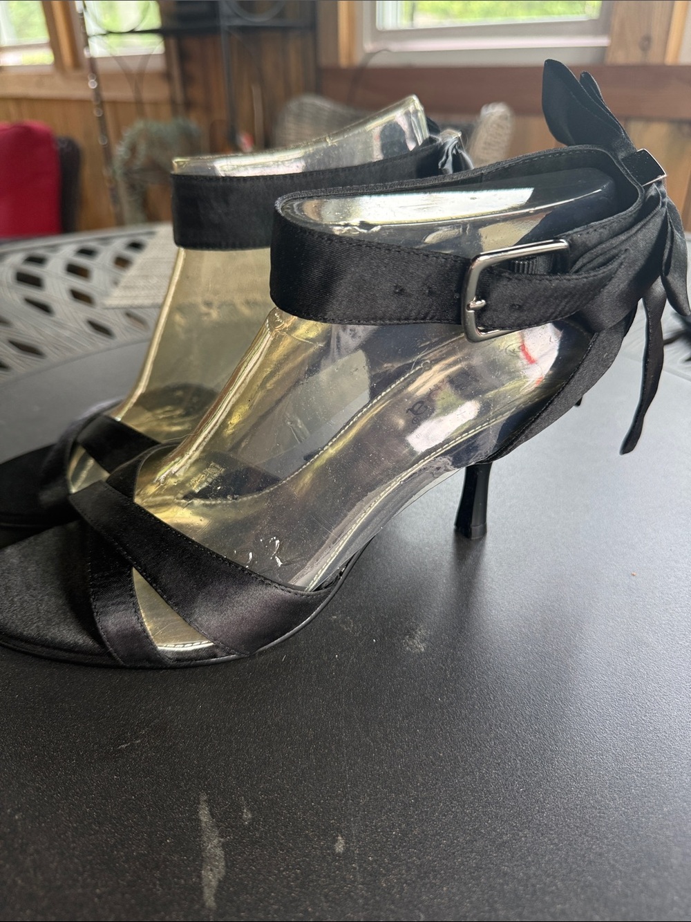 Diba Black Satin Ankle-Strap Heels with Bow Accent